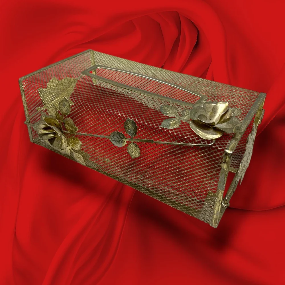 Vtg Hollywood Regency Gold Metal Mesh Tissue Box Cover Holder Floral Roses MCM
